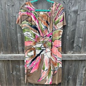 Yansi Fugel Floral Abstract Lightweight Knit Cap Sleeve Scoop Neck Dress Sz M